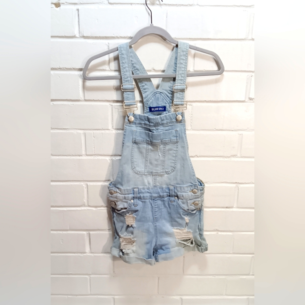 Blue Spice Distressed Denim Short Overalls SZ 3 Stretch Soft pockets CLEARANCE